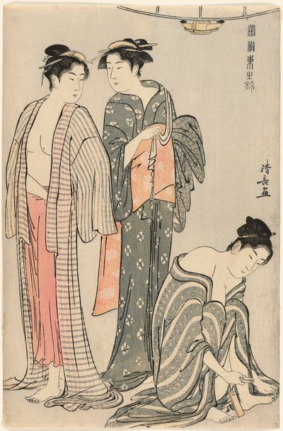 Trzy kobiety po kąpieli z cyklu "Brokada wschodnich manier (Fuzoku Azuma no nishiki)" autorstwa Torii Kiyonaga