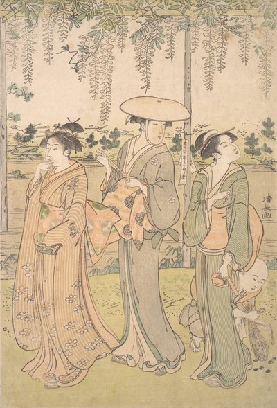 Trzy kobiety i mały chłopiec pod altanką z glicynii nad brzegiem potoku, ca. 1790. autorstwa Torii Kiyonaga