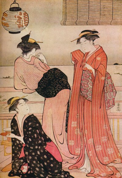 Trzy dziewczyny na werandzie herbaciarni z widokiem na zatokę Edo w Shinagawa, c1752-1815 autorstwa Torii Kiyonaga