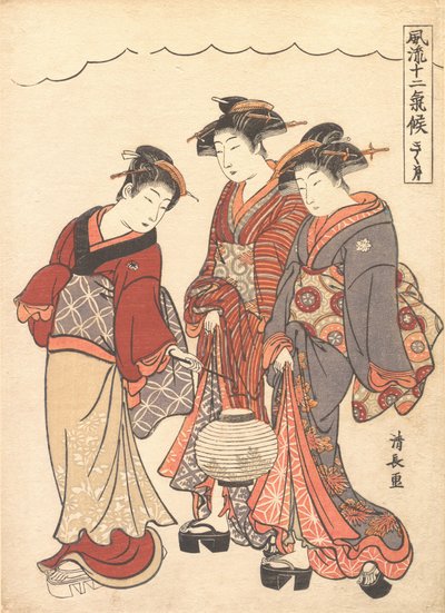 Dwie gejsze poprzedzone pokojówką niosącą latarnię, ca. 1778. autorstwa Torii Kiyonaga