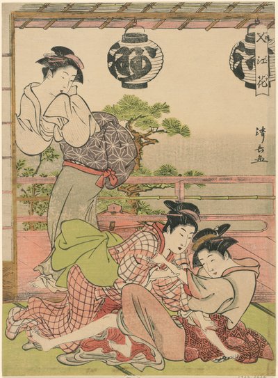 Dwie gejsze walczą o list (Fumi no arasoi), z serii „Kwiaty Nakasu (Nakasu no hana)” autorstwa Torii Kiyonaga