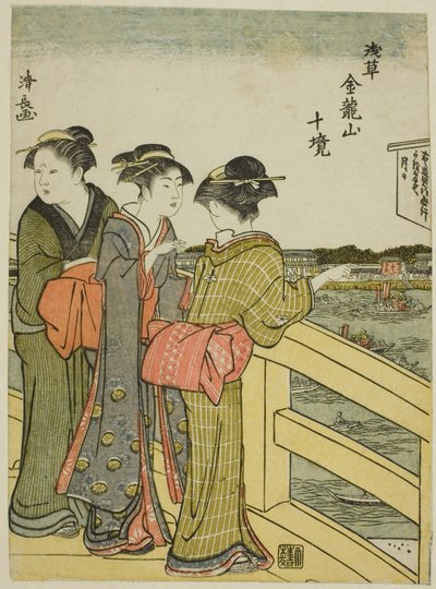 Widok z mostu Azuma z cyklu „Dziesięć dzielnic świątyni Kinryuzan w Asakusa (Asakusa Kinruzan jikkei)” autorstwa Torii Kiyonaga