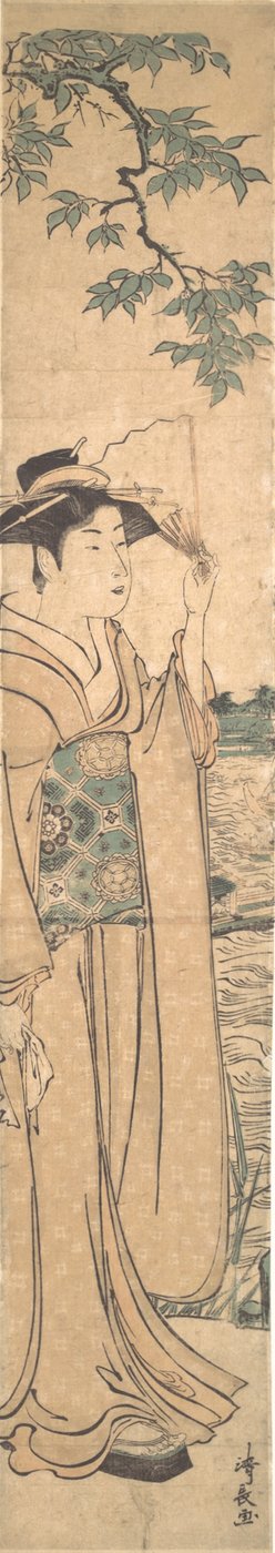 Kobieta z wentylatorem nad brzegiem rzeki Sumida. autorstwa Torii Kiyonaga