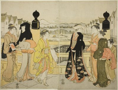 Kobiety przekraczające most Nihonbashi autorstwa Torii Kiyonaga