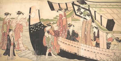 Kobiety lądujące z łodzi wycieczkowej ciągniętej na brzeg w Mukojima na rzece Sumida, ..., ca. 1785. autorstwa Torii Kiyonaga