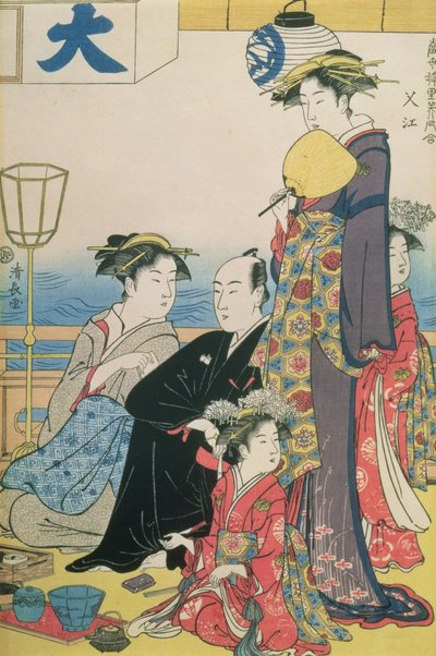 Women of the Gay Quarters, prawy panel dyptyku (kolorowy drzeworyt) (patrz również 114571) autorstwa Torii Kiyonaga