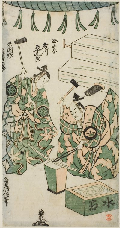 Aktorzy Fujikawa Heikuro jako Masamune i Matsushima Kichisaburo jako Rai Kunitsugu w sztuce „Shin Usuyuki Monogatari”, wystawionej w Teatrze Nakamura w szóstym miesiącu 1746 r. autorstwa Torii Kiyonobu II
