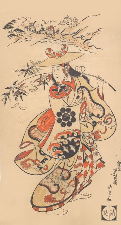 Aktor Sawamura Kodenji jako kobieta podczas festiwalu Tanabata, 1698. autorstwa Torii Kiyonobu I