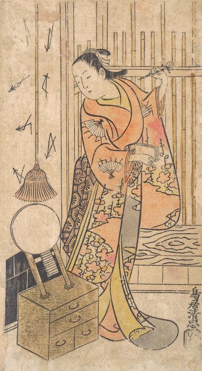 Aktor jako kobieta stojąca przy lustrze, ca. 1735. autorstwa Torii Kiyotada