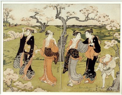 Piknik pod kwitnącą wiśnią w Assaakayama. Japoński nadruk autorstwa Torii Kiyonaga (1752-1815), styl Ukiyo-E autorstwa Torii Kuyonaga