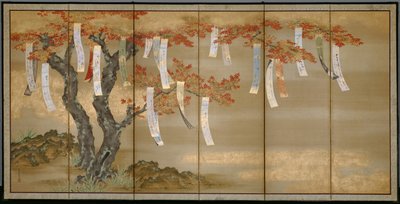Jesienne klony z poematami autorstwa Tosa Mitsuoki