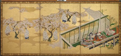 <em>Opowieść o Genji</em>, rozdział 34; Kashiwagi dostrzega Trzecią Księżniczkę autorstwa Tosa Mitsuoki