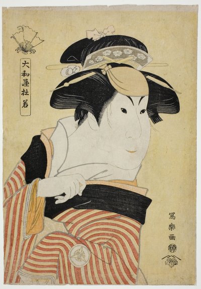Yamatoya Tojaku (Aktor Iwai Hanshiro IV jako Otoma, córka Ohiny z Inamuragasaki w Kamakurze) (Yondai-me Iwai Hanshiro no Kamakura Inamuragasaki no Ohina musume Otoma) autorstwa Toshusai Sharaku
