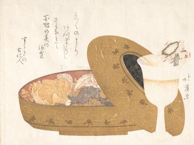Pudełko na żywność z kieliszkiem i lakierem do wina z posiłkiem noworocznym, 1811 r. autorstwa Totoya Hokkei