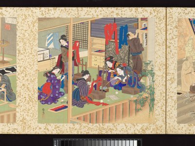 Rzemieślnicy, piękno i coroczne wydarzenia autorstwa Toyohara Kunichika