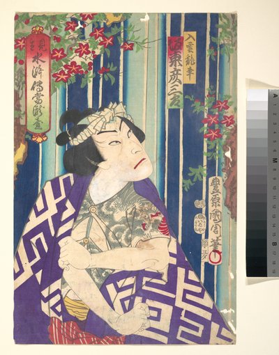 Wyimaginowany portret, Shuihuzhuan sceny: Tōryūdai (Mitate Suikoden Tōrōdai) - aktor Bandō Hikozaburō jako Nyūunryū autorstwa Toyohara Kunichika