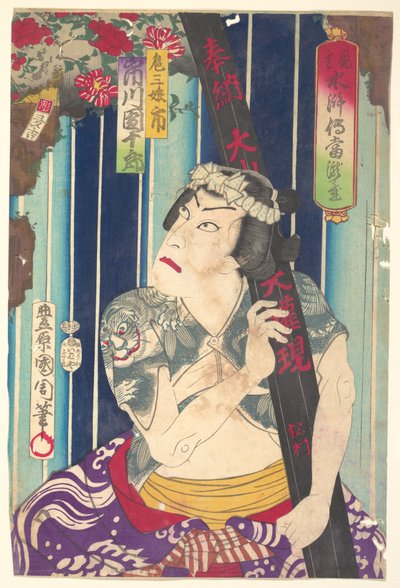 Wyobrażony portret, sceniczne Shuihuzhuan: Tōryūdai (Mitate Suikoden Tōrōdai) - Aktor Ichikawa Danjūrō w roli Sanjō autorstwa Toyohara Kunichika