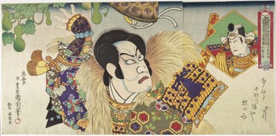 Kawarazaki Gonnosuke jako Takechi Mitsuhide i Ichikawa Sadanji jako Mashiba Hisayoshi autorstwa Toyohara Kunichika