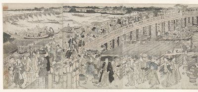 Widok: Ciesz się wieczorną bryzą na moście Ryogoku autorstwa Toyokuni (II) , Utagawa