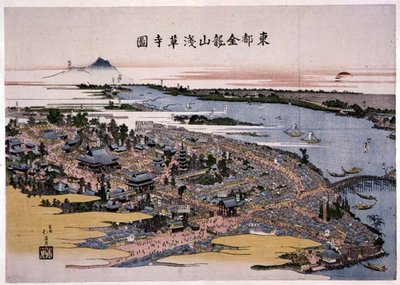 Świątynia Kinryuzan Senso-ji we wschodniej stolicy (Edo) ok. 1820 r. (drewnodruk) autorstwa Toyota Hokkei