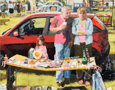 Wyprzedaż bagażnika samochodowego, 2011 (olej na płycie) autorstwa Trevor Burgess