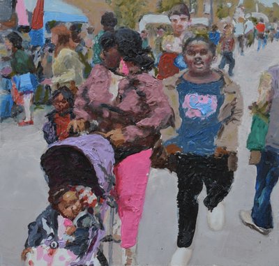 Rodzinne zakupy (Deptford, Londyn), 2018 (olej na płycie) autorstwa Trevor Burgess