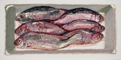 Skrzynia na ryby 1 (Billingsgate, Londyn), 2016 (olej na płycie) autorstwa Trevor Burgess
