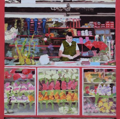 Stragan z kwiatami (Bogota, Kolumbia), 2016 (olej na płycie) autorstwa Trevor Burgess