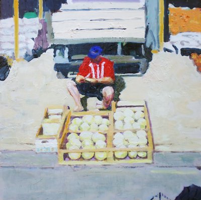 Mężczyzna sprzedający melony (San Juan, Argentyna), 2014 (olej na płycie) autorstwa Trevor Burgess