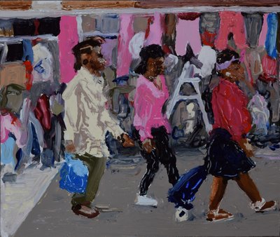 Market shoppers (Deptford, Londyn), 2018 (olej na płycie) autorstwa Trevor Burgess