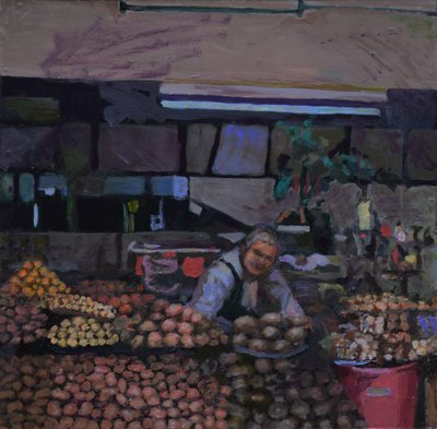 Stragan z ziemniakami (Quito, Ekwador), 2015 (olej na płycie) autorstwa Trevor Burgess