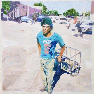 Człowiek na wózku (San Juan, Argentyna), 2014 (olej na płycie) autorstwa Trevor Burgess