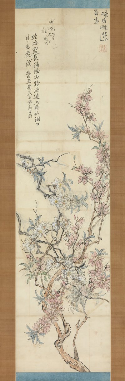 Czerwone i białe kwiaty brzoskwini, szkic przygotowawczy, 1843. autorstwa Tsubaki Chinzan
