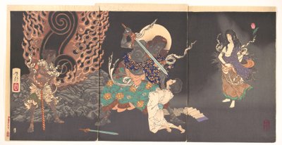 Fudō Myōō grozi nowicjuszowi autorstwa Tsukioka Yoshitoshi