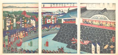 Hideyoshi i jego wojska opuszczają obóz w Nagoi (Mashiba Hideyoshi kō nagoya jin saki te no shoshō kuridashi no zu) autorstwa Tsukioka Yoshitoshi