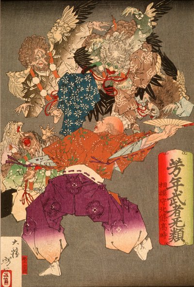 Hōjō Takatoki, pan Sagami, odpierający tengu wachlarzem autorstwa Tsukioka Yoshitoshi