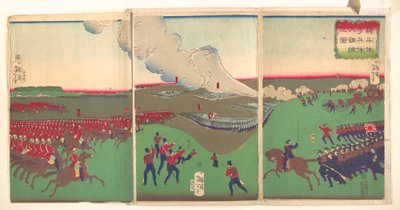 Ilustracja kawalerii, piechoty i wycofujących się żołnierzy (Kiheitai, hoheitai, daichōren no zu) autorstwa Tsukioka Yoshitoshi