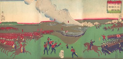 Ilustracja przedstawiająca kawalerię, piechotę i żołnierzy wycofujących się Kiheitai, hoheitai, ..., ósmy miesiąc, 1867. autorstwa Tsukioka Yoshitoshi