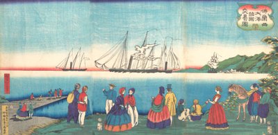 Ilustracja przedstawiająca duży francuski port handlowy z wieloma narodami Furansukoku oomi..., 4 miesiąc, 1866. autorstwa Tsukioka Yoshitoshi