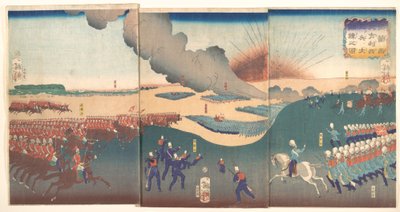 Manewry trzech rodzajów wojsk francuskich i angielskich żołnierzy (Furansu Igirisu sanhei ōchōren no zu) autorstwa Tsukioka Yoshitoshi