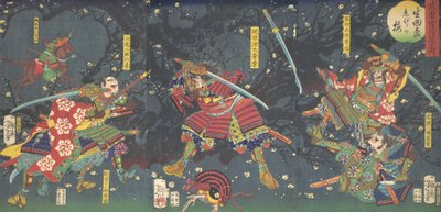 Kwitnąca śliwka w lesie Ikuta, z serii Odwaga-Piękno czterech pór roku ..., 1867. autorstwa Tsukioka Yoshitoshi