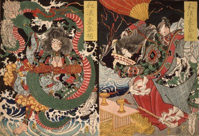 Tawaraya Tda and a Dragon i Ono no Komachi Praying for Rain z serii Valor in China and Japan, 1868 (kolorowy drzeworyt) autorstwa Tsukioka Yoshitoshi