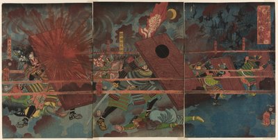 Bitwa pod Jinju podczas podboju Korei przez Masakiyo (Masakiyo Sankan taiji, Shinshujo kassen no zu) autorstwa Tsukioka Yoshitoshi