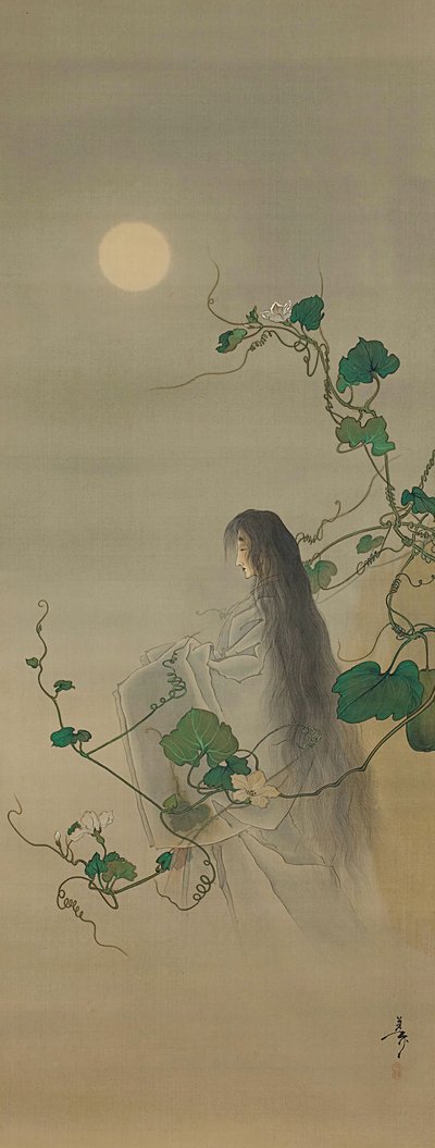Duch zmarłego Yugao spleciony w winorośli księżycowego kwiatu..., ca. 1892. autorstwa Tsukioka Yoshitoshi