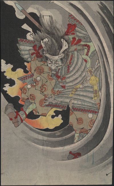 Duch generała Taira no Tomomori rozbijający się przez fale przy wodospadzie Nunobiki, 1889. autorstwa Tsukioka Yoshitoshi