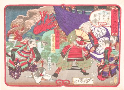 Tokugawa Ieyasu bada głowę Kimury Shigenariego w bitwie o zamek w Osace autorstwa Tsukioka Yoshitoshi