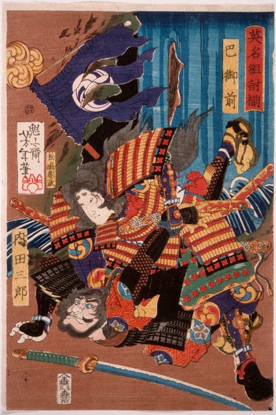 Tomoe Gozen, Ehefrau von Kiso Yoshinaka, besiegt Uchida Saburō autorstwa Tsukioka Yoshitoshi