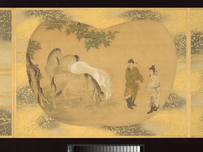 Album z obrazami w kształcie wachlarza przedstawiającymi postacie, ptaki i kwiaty autorstwa Tsunenobu Kano