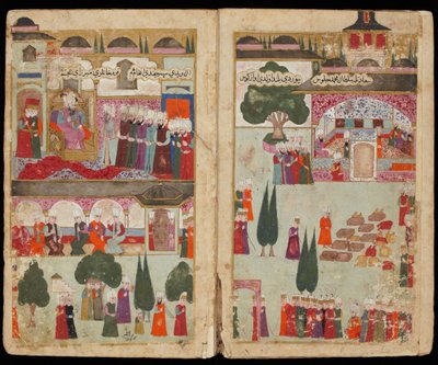Le couronnement du sultan ottoman Mehmet III (1566-1603) au palais Topkapi, en 1595 - Koronacja Mehmeda III w Pałacu Topkapi w 1595 r. (Z rękopisu Kampania Mehmeda III na Węgrzech) - Mistrz turecki - ok. 1595 r. 1600 - Akwarela i tusz na papierze - The autorstwa Turkish School