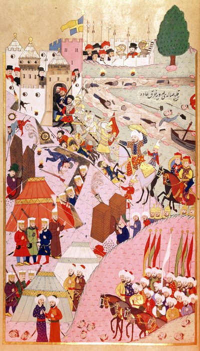 Atak na Belgrad sułtana Mehmeta II „Zdobywcy” (1432-1481), z „Hunernama” (Mss Hazine. 1524) autorstwa Turkish School